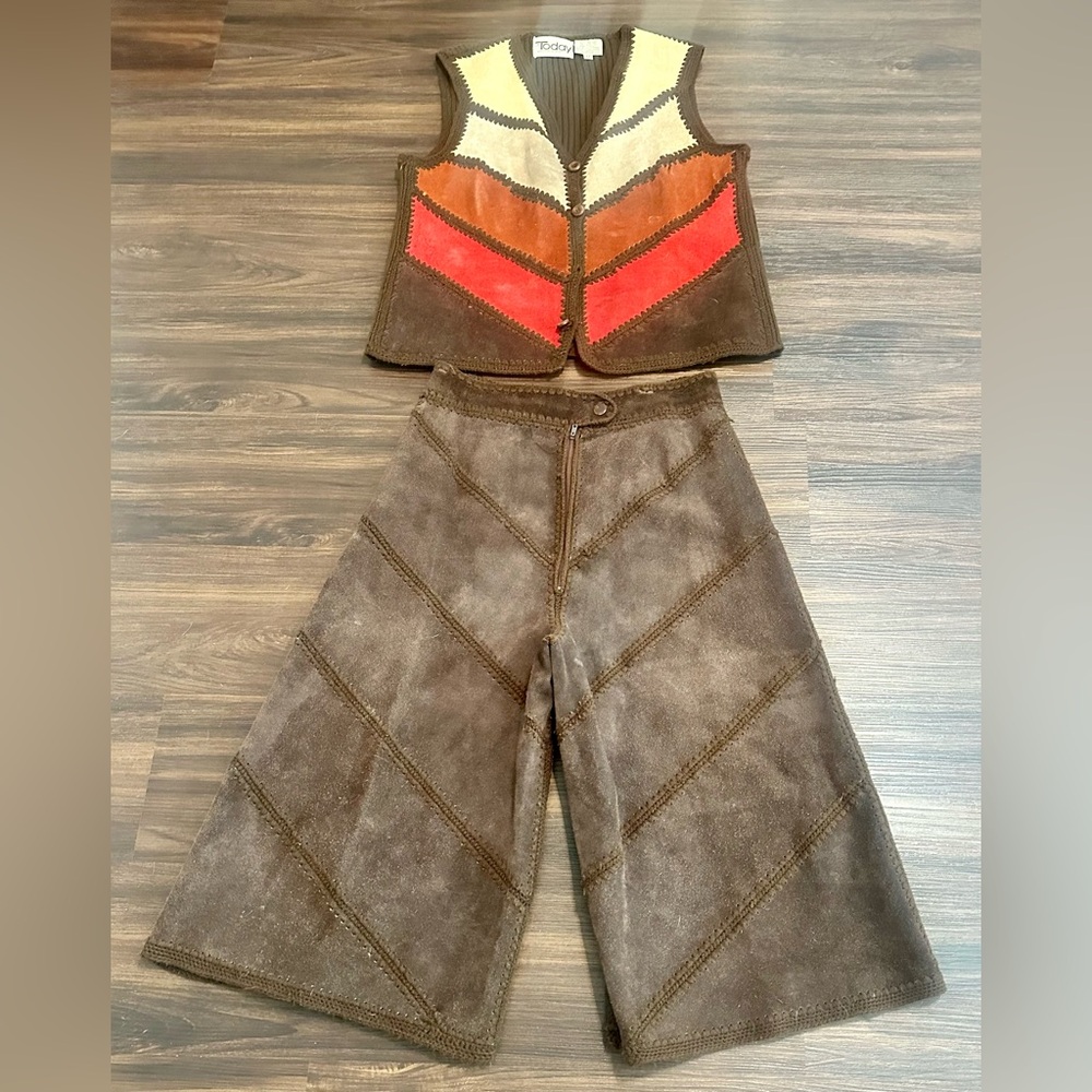 Vintage 70’s Patchwork Leather Vest & Matching Gaucho Pants Set